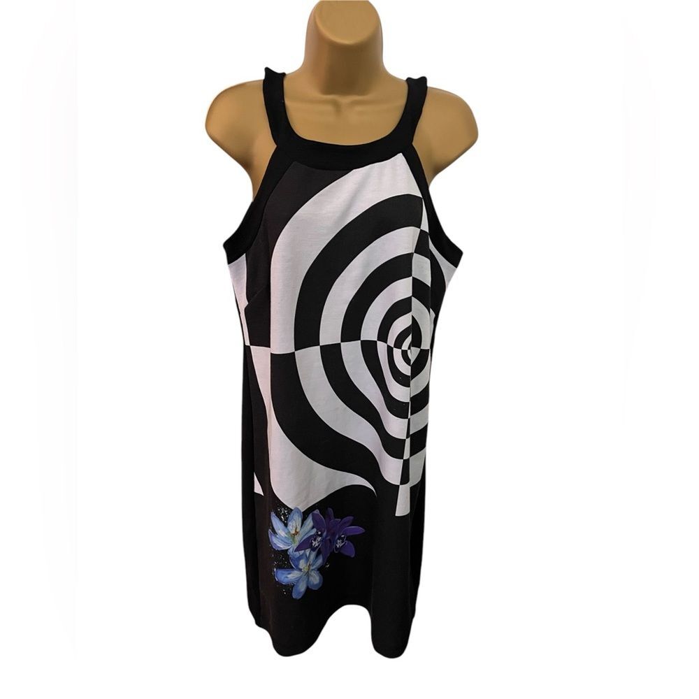 Desigual Graphic Halter Sleeveless Dress Black Combo M
